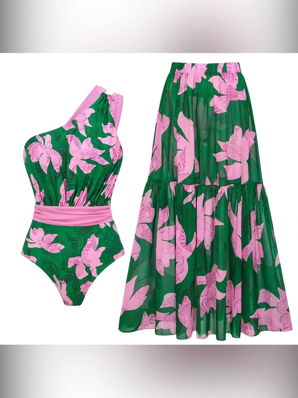 Green & Pink Floral One-Shoulder Swimsuit with Matching Skirt Size Medium